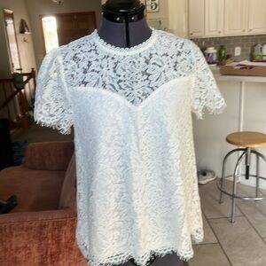 JODIFL White Lace Sweetheart Neckline with Collar short sleeve Blouse